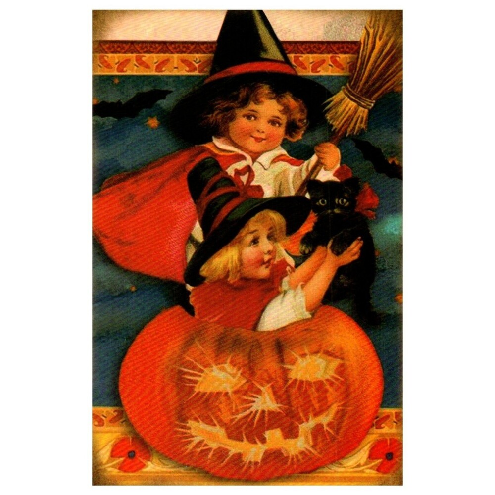 Vintage Style Halloween Postcard Two Witch Children Jack-O-Lantern Black Cat